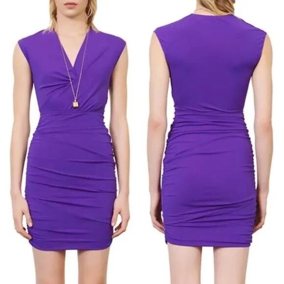 Maje Render Ruched Stretch-Jersey Bodycon Mini Dress Purple 36 NWT - Picture 1 of 13